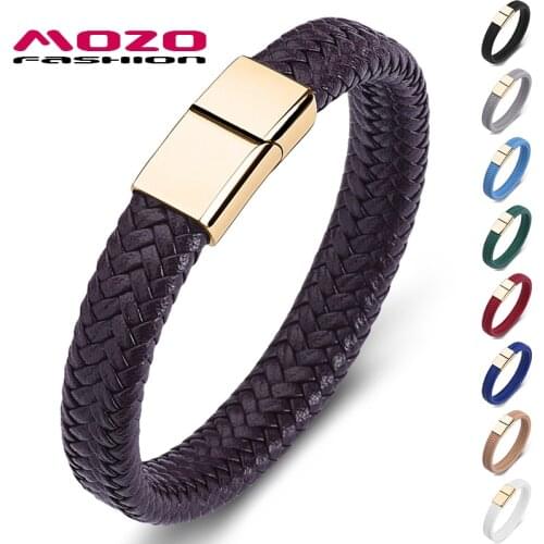 Fashion Punk Men Jewelry Brown Braided Leather Bracelet Gold Stainless Steel Magnetic Clasp Fashion Women Bangles