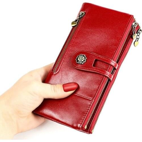 Fashion Women Wallet Long Ladies Leather Wallet With Cell Phone Pocket Genuine Leather Female Long Clutch Bags Coin Purse Girl