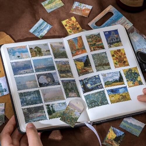 60 pcs Vintage Stamp Collection Decorative Stickers book Scrapbooking Stick Label Diary Stationery Album Van Gogh Monet Stickers
