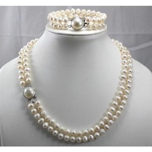 NEW 2 Row 7-8MM Freshwater Cultured pearls Necklace Bracelet Set 8-19" 7.5"