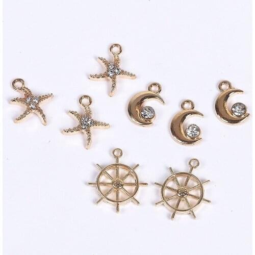 10PCS Trendy Starfish Moon RudderRhinestone Pendant Gold-colour Charms For DIY hand made fit Necklace bracelte diy craft