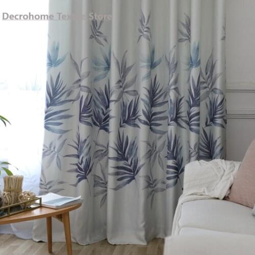 Northern European Style Fresh Shade Simple Modern Bedroom Warm Ink Curtains for Living Room Bedroom Blue green printed leaves