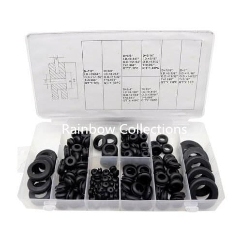 Hot Sales! 180pcs/set Multi Size Rubber Grommet Assortment Fastener Kit Black Circle Eyelets And Grommets
