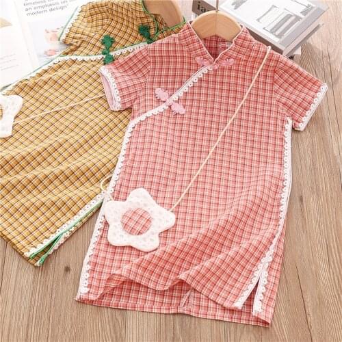 Multicolor Girls Fashion Cheongsam Dress Cotton Children Plaid Qipao Kids Party Clothes Costume Traditional Dresses