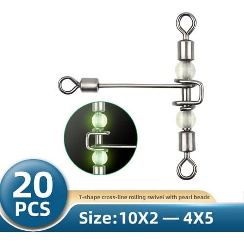 TIANNSII 20pcs 3 Way Barrel Swivel Ring T-Shape Swivel Connector With Beads Fishhook Lure Line Connector Fishing Accessories Sea