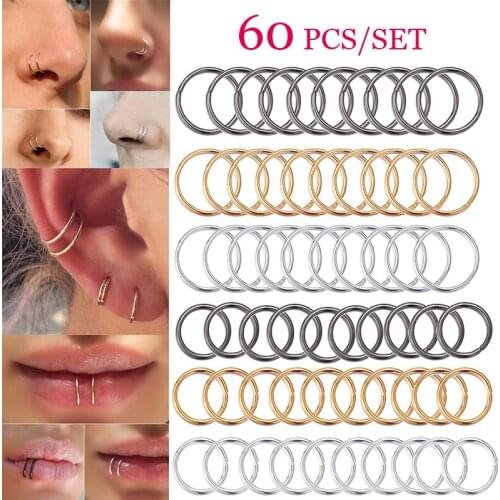 Punk 60PCs/set Nose Ring Piercing Gold Silver Color Hand Crafted Small Metal Septum Hoop Rings Nose Mouth Ring Piercing Jewelry