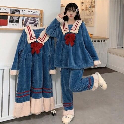 Women Sleepwear Winter Warm Bow Plush Pajamas Set Nightdress