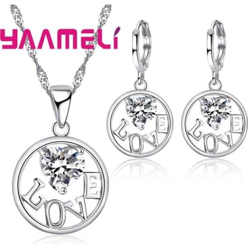 Cute 925 Sterling Silver Color White AAA Heart CZ LOVE Pendant Necklace and Earrings Jewelry Sets For Women Girls