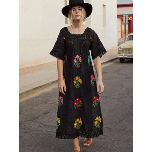 Boho Embroidery Long Dress Women Summer Autumn Floral Patchwork Short Sleeve Dresses 2018 Ladies Vintage Hippie Black Midi Dress