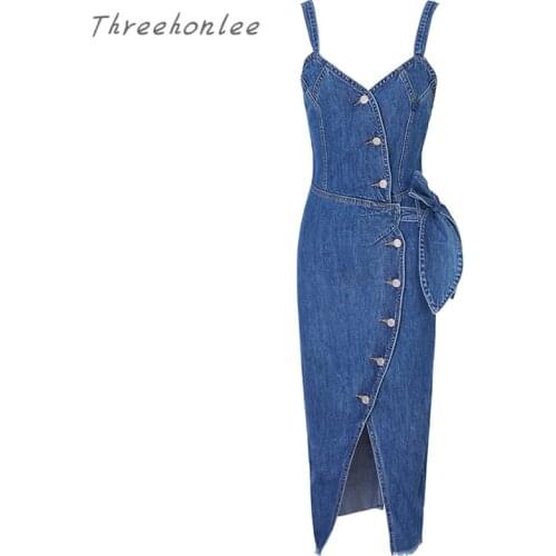 Summer 2021 New Korean Retro Temperament Woman Denim Dresses Single-breasted Irregular Strap Female Casual Dress Vestidos