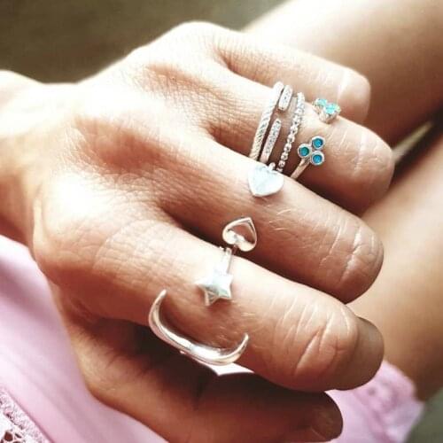 GinaDeer Stainless Steel Rings For Women Simple Retro Star Moon Love Opening Three Blue Gem 6-Piece Female Ring Anelli Donna