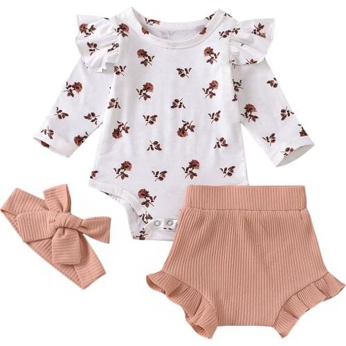 Cathery Baby Girl Clothes 3Pcs Newborn Baby Girl Long Sleeve Ruffle Romper Bodysuit Top Floral Short Headband Ribbed Fall Outfit