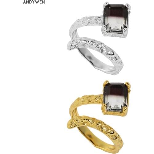 ANDYWEN 100% 925 Sterling Silver Gold Square Zircon CZ Open Resizable Ring Geometric Women Wedding Jewelry Clip Fine Jewels