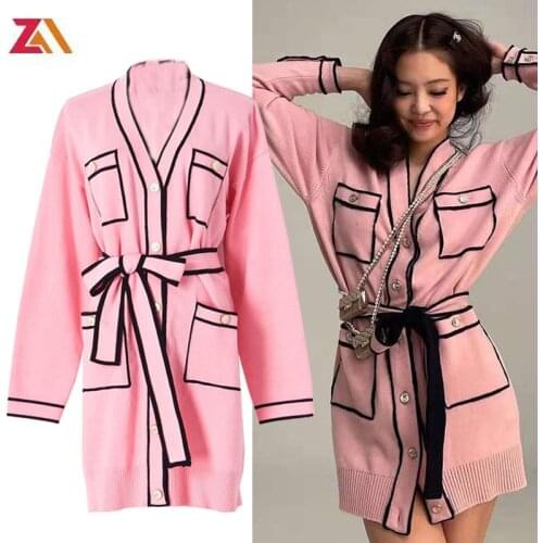 ZALady designer runway knitted mini shirt Cardigan dress autumn loose long sleeve pink sweaters women clothes dress mujer korean