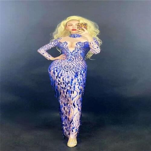 H124 Singer Sequins Dancer Jumpsuit Costume Catwalk Cheongsam Gem Party Pearls Tassels Drilling Chain Diamond Elastic Stretched