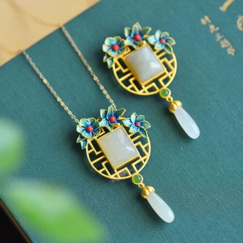 Natural Hetian Jade Necklace S925 Sterling Silver Gilding Burnt Blue Jade Pendant Chinese Style Ornament for Women