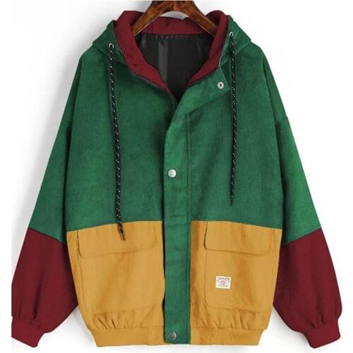 JuneLove Color Block Long Sleeve Corduroy Women Jacket Patchwork Spring Autumn Women Jacket Plus Size Lady Button Female Coats