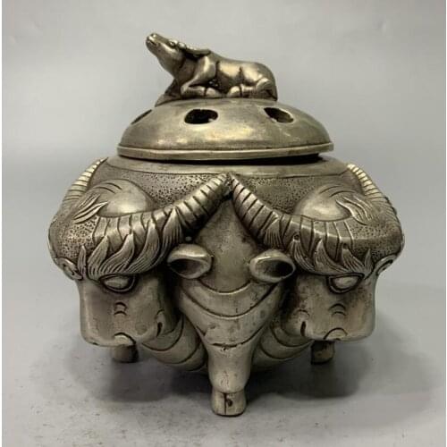 China White copper archaize cow head Incense burner crafts statue