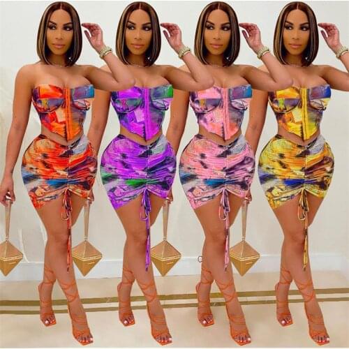 Cutubly Fashion New Summer 2 Piece Sets Women Printing Mini Skirt Set Fashion Sexy Zipper Skinny Crop Top Lace Up Skirt Set