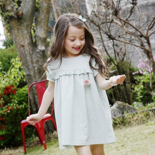 Summer Children Clothing Light Green New Korean Girls Costume Puff Sleeve Child Dress Quality Linen Casual Kids Dress