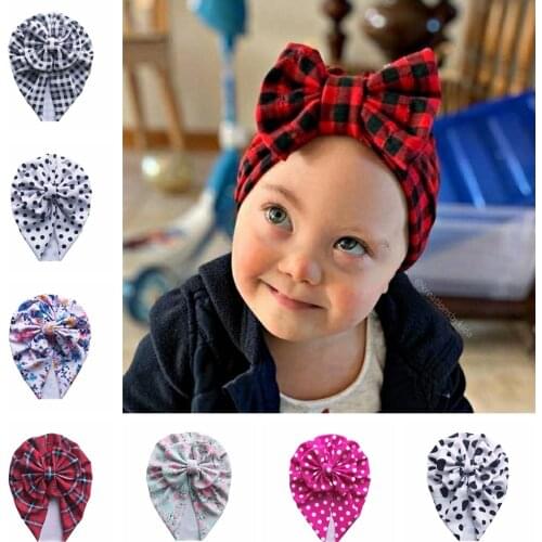Boutique Baby Girls Plaid Bowknot Hats Infant Printted Cap Newborn Leopard Print Bow Hat Kids Cotton Turban Toddler Beanie Caps