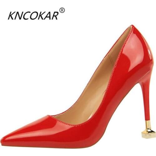 KNCOKAR2018Fashionable simple thin heel high heels with patent leather shallow-tip sexy nightclubs show slim single shoes heels