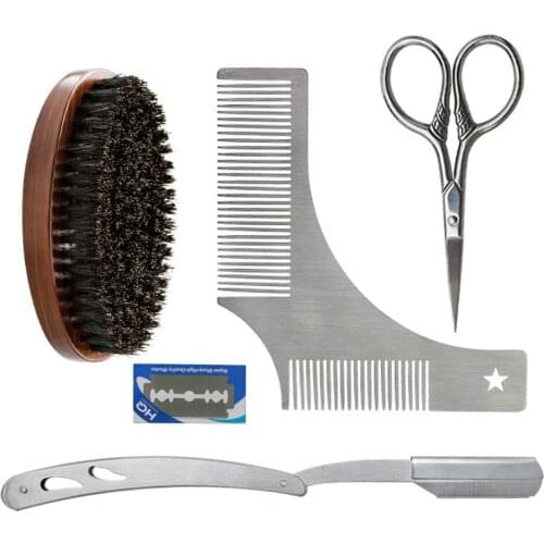 6Pcs Men Beard Tools Kit With Beard Brush Shaving Razor Shear And Beard Comb Mustache Care Tool