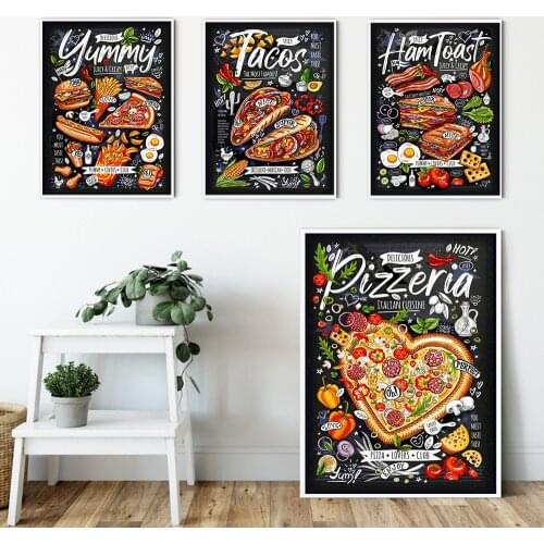 Food Restaurant Cafe Chalk Wall Art Poster Yummy HamToast Mexican Canvas Painting Pizzeria Kitchen Modern Home Decor Pictures