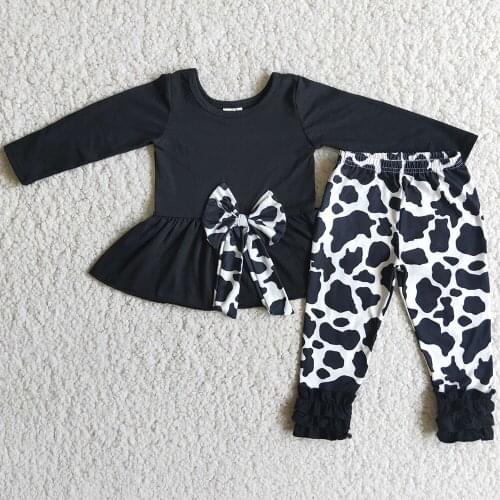 New Fashion Kids Designer Clothes Girls Fall Outfits Bow Toddler Baby Girls Clothing Cow Print Boutique Little Girls Clothes Set