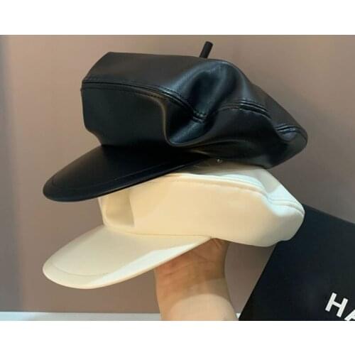2021 New Autumn And Winter Ladies PU Leather Berets For Women Korea Fashion Sunshade Cap Octagonal Cap Newsboy Cap