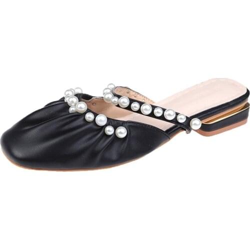 Half Slippers Womens Shoes 2021 Summer New Style Comfortable Pearl Thick Heel Breathable Non-slip Wear-resistant Fashion