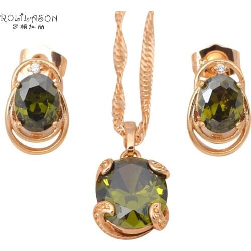 Lovely Gift Party Green gold color Zircon Crystal Jewelry Sets Earrings Necklace set for women JS073