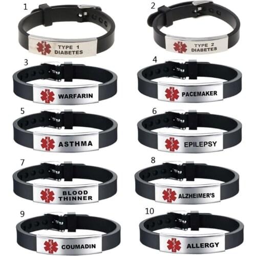 Stylish Red Medical- Alert ID Bracelet Emergency First Aid Adjustable Type 1 Diabetes Silicone Bangle Wristband Unisex