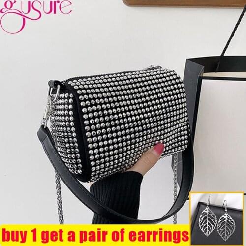 Gusure Fashion Pu Leather Crossbody Bag For Women Diamonds Shoulder Messenger Bag Female Luxury Designer Chain Handbag and Purse