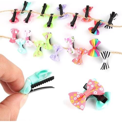 10 Pcs/ Lot Small Mini Bow Hairgrips Sweet Girls Solid Dot/ Stripe Printing Whole Wrapped Safety Hair Clips Kids Hairpins