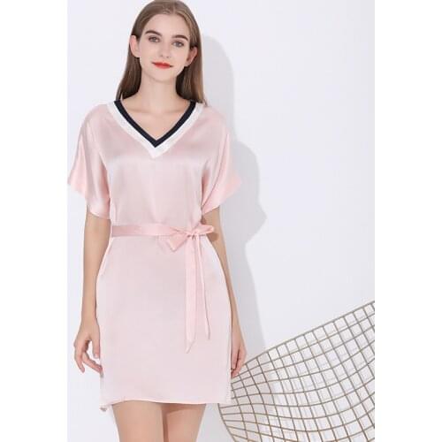 100% Silk Nightgown Women with Waist Ribbon V-neck Relaxed Fit Ladies Nightie Party Satin Nightwear sp0170