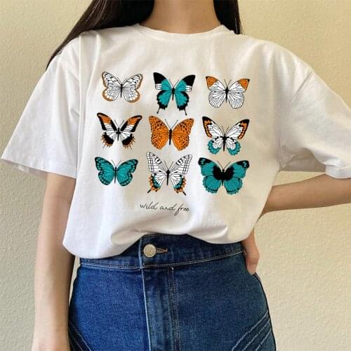1pcs Wild And Free Butterfly Printed Summer Women T Shirt Punk Loose Top Vintage Short Sleeve Plus Size Butterfly Cartoon Print