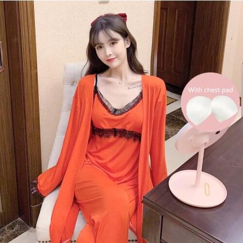 Women Pajamas New Autumn Winter Milk Silk Sleepwear Suit Ladies Sexy Lace Sling Pyjamas Home Clothes 3 Piece With Chest Pad XXL