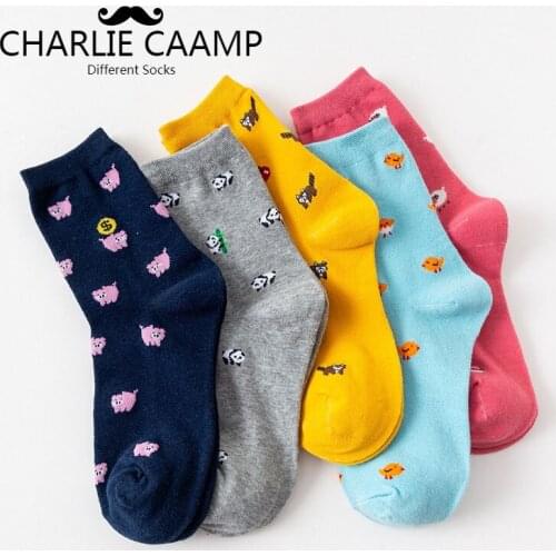 CHARLIE CAAMP Women Cotton Socks 2019 All Seasons New Solid Color Cartoon Animal Series Ladies Harajuku Personality Socks G118