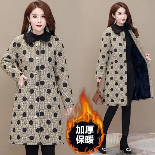 Winter New Womens Cotton Coat Plus Velvet Thicken Mid-long Lattice Pocket Printing Single-Breasted Fur Collar Miss Cotton Coat