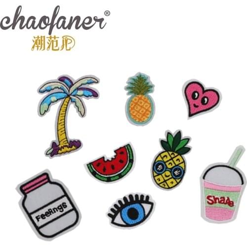100pcs/lot Embroidery Patches Coconut Watermelon Pineapple Milk Drink Love Eyes Clothing Decoration Iron Heat Transfer Applique