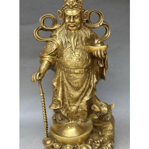 11" Unique Tibet Pure Bronze Tiger Money Wealth Yuanbao God Mammon Dragon Statue