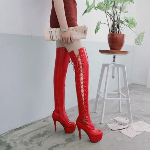 2021 High Heels Over The Knee Boots Women Thigh High Boots Patent Leather Platform Boots Gothic Shoes Sexy Plus Size 51 52 M-861