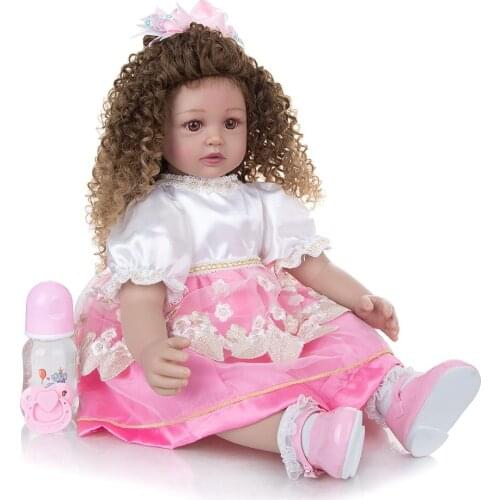 60cm Soft Silicone Reborn Baby Doll Toy For Girl curly wig pink Princess Toddler real alive bebe reborn Bonecas Gift