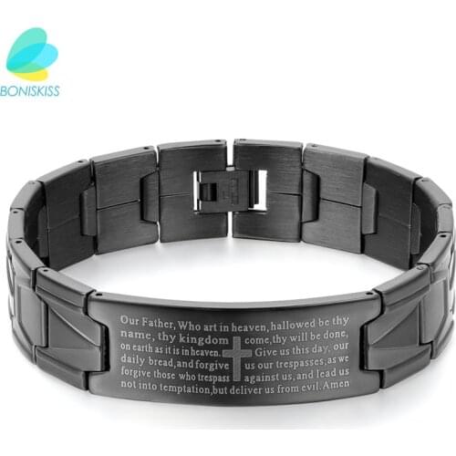 Boniskiss Black Stainless Steel Jesus Cross Bracelet Men Jewelry English Lords Prayer Bracelets & Bangles 2020 Christmas Gift