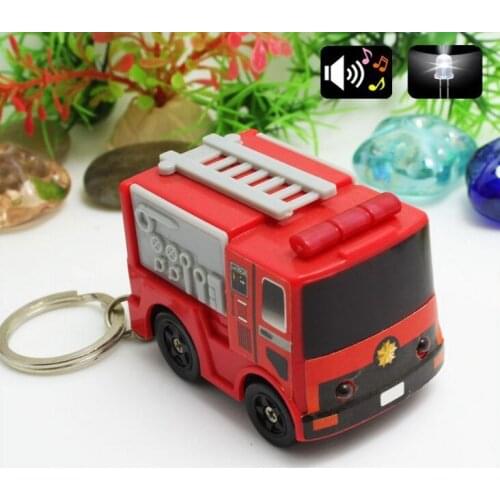 FREE SHIPPING BY DHL 200pcs/lot Plastic LED 3D Mini Fire Engine Shaped Keychains with Sound Novelty Metal Bus Keyrings for Kids