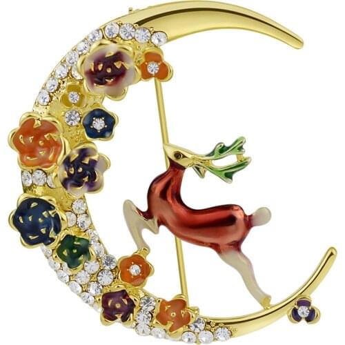 CINDY XIANG Lovely Enamel Deer Elk Brooches For Women And Men Design Rhinestone Moon Brooch Pins High Quality Christmas Gifts