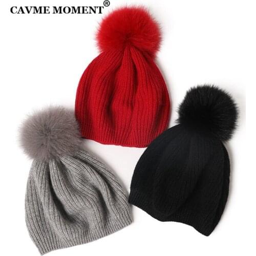 CAVME 100% Cashmere Winter Warm Crochet Beanie Pompon Skullies Beanie Caps Hats for Women Men with Fur Solid Color