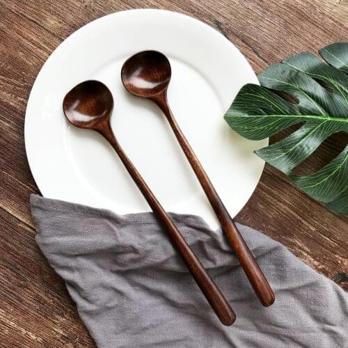 Long Spoons Wooden 100% Natural Wood Long Handle Round Spoons For Soup Cooking Mixing Stirrer Korean Style 10.9 Inches