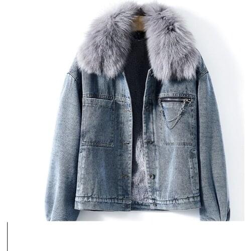 Zero Fish Real Fur Raccoon fur Collar Detachable Velvet Thick Denim Jacket Winter Coat 2021 New Fashion Brand Womens Clothing
